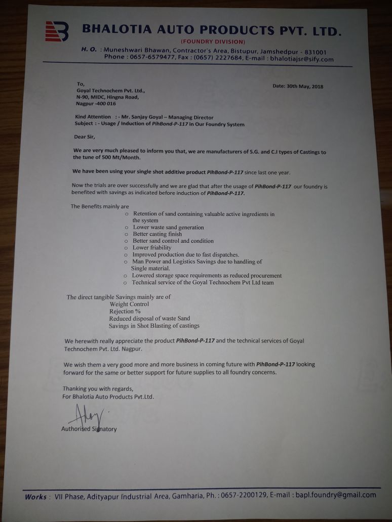 Bhalotia Auto appreciation letter