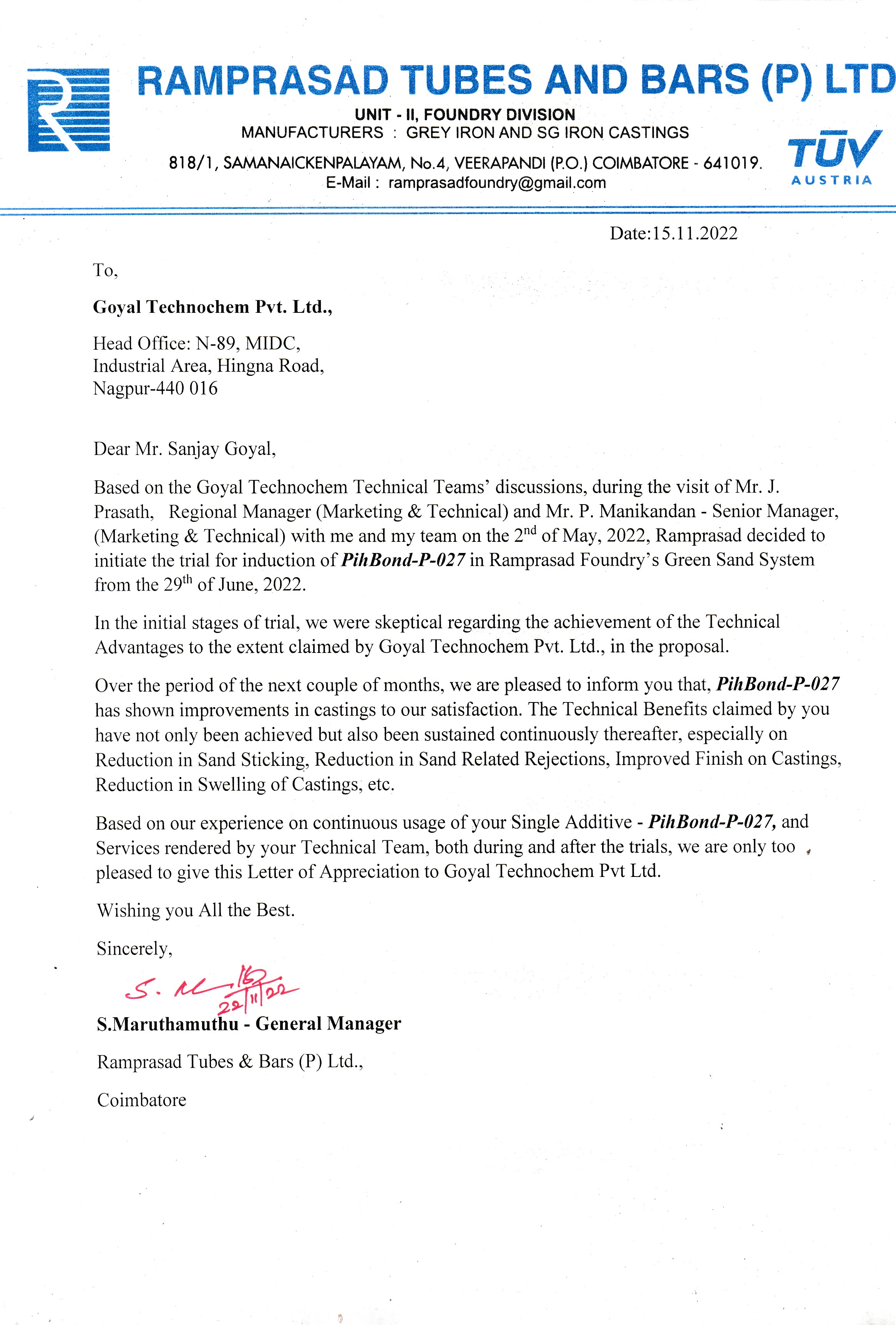 Ramprasad Tube appreciation letter